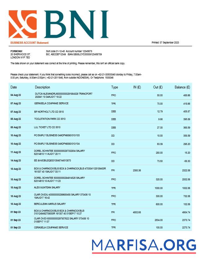 Realistic BNI Bank firm statement Word and PDF template